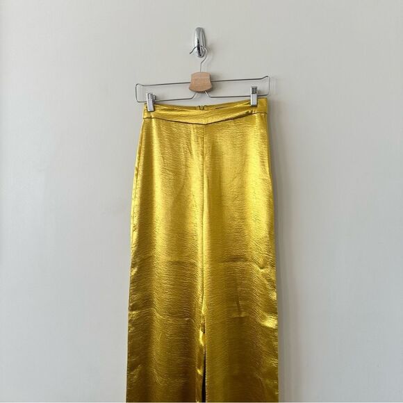 Hanifa-Golden Yellow Satin High Rise Wide Leg Long Trousers (Size:XS) - Picture 5 of 12